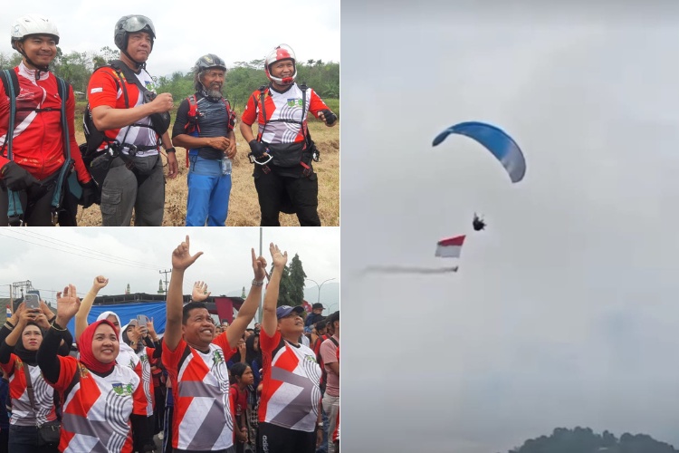 paralayang kibarkan bendera merah putih di langit lebong